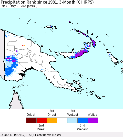 Papua New Guinea Precipitation Rank since 1981, 3-Month (CHIRPS) Thematic Map For 3/1/2024 - 5/31/2024