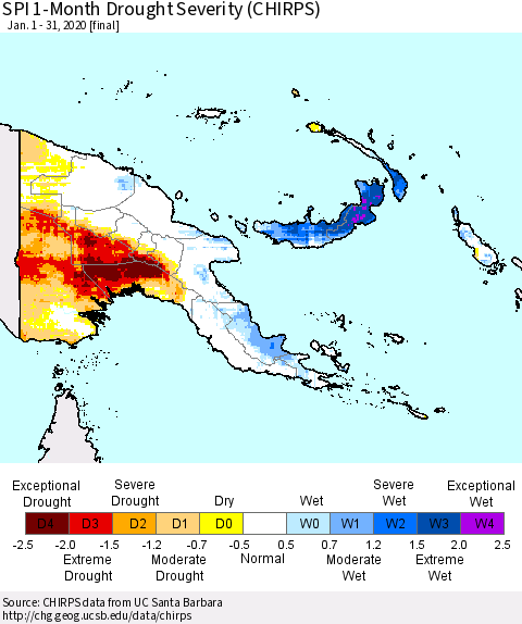 Papua New Guinea SPI 1-Month Drought Severity (CHIRPS) Thematic Map For 1/1/2020 - 1/31/2020