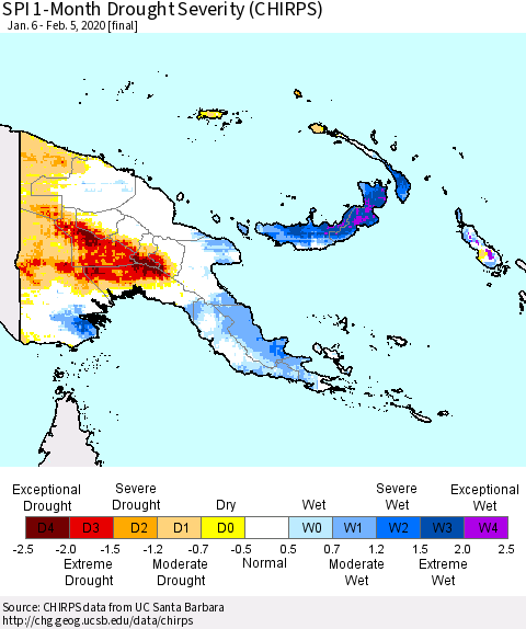 Papua New Guinea SPI 1-Month Drought Severity (CHIRPS) Thematic Map For 1/6/2020 - 2/5/2020
