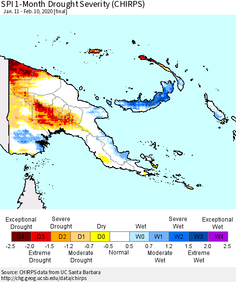 Papua New Guinea SPI 1-Month Drought Severity (CHIRPS) Thematic Map For 1/11/2020 - 2/10/2020