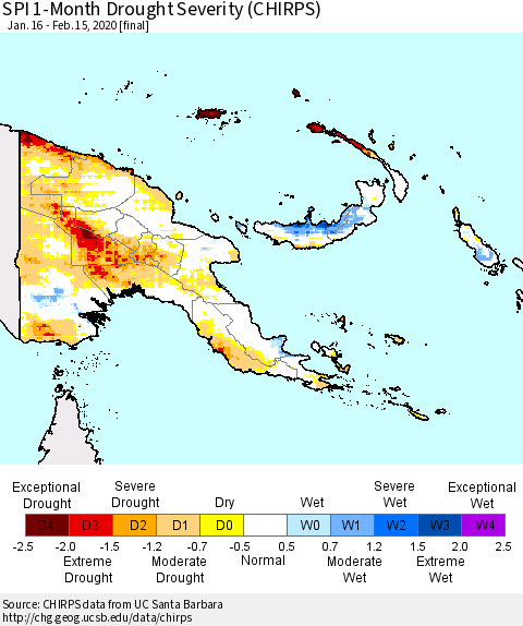 Papua New Guinea SPI 1-Month Drought Severity (CHIRPS) Thematic Map For 1/16/2020 - 2/15/2020