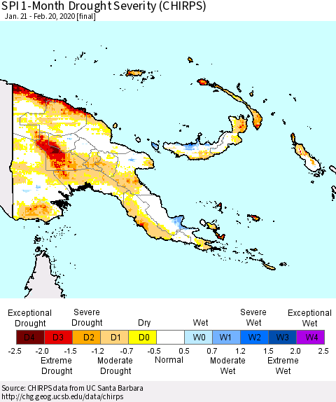 Papua New Guinea SPI 1-Month Drought Severity (CHIRPS) Thematic Map For 1/21/2020 - 2/20/2020