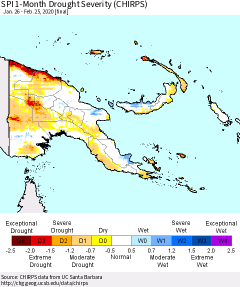 Papua New Guinea SPI 1-Month Drought Severity (CHIRPS) Thematic Map For 1/26/2020 - 2/25/2020