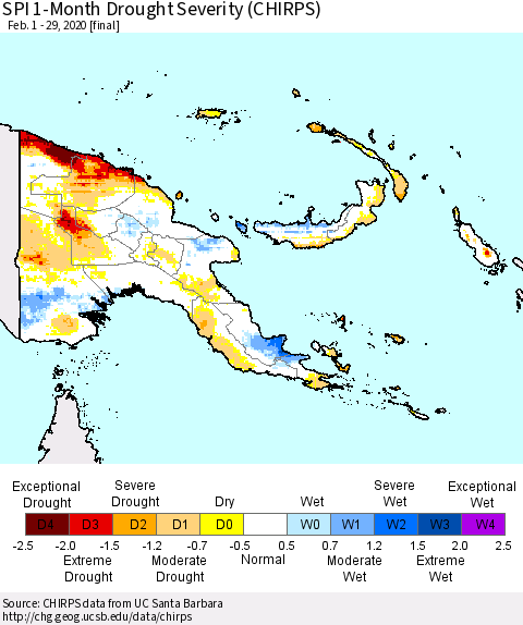 Papua New Guinea SPI 1-Month Drought Severity (CHIRPS) Thematic Map For 2/1/2020 - 2/29/2020