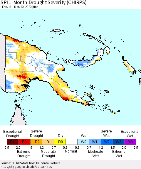 Papua New Guinea SPI 1-Month Drought Severity (CHIRPS) Thematic Map For 2/11/2020 - 3/10/2020
