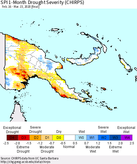 Papua New Guinea SPI 1-Month Drought Severity (CHIRPS) Thematic Map For 2/16/2020 - 3/15/2020