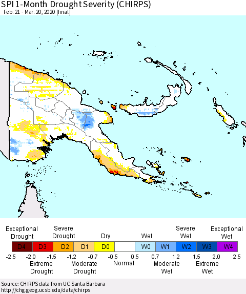 Papua New Guinea SPI 1-Month Drought Severity (CHIRPS) Thematic Map For 2/21/2020 - 3/20/2020