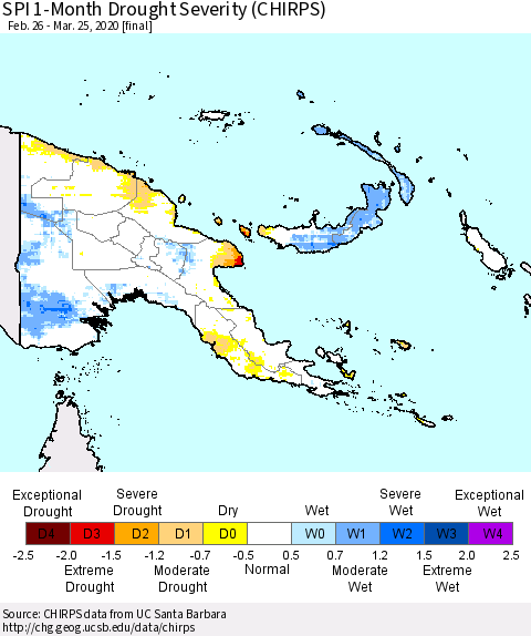 Papua New Guinea SPI 1-Month Drought Severity (CHIRPS) Thematic Map For 2/26/2020 - 3/25/2020