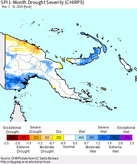 Papua New Guinea SPI 1-Month Drought Severity (CHIRPS) Thematic Map For 3/1/2020 - 3/31/2020