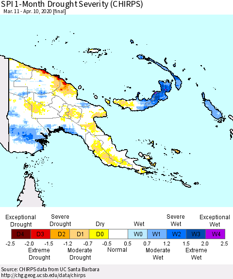 Papua New Guinea SPI 1-Month Drought Severity (CHIRPS) Thematic Map For 3/11/2020 - 4/10/2020