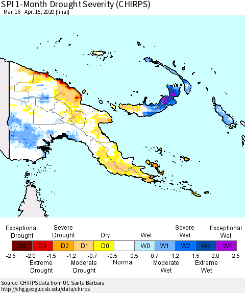 Papua New Guinea SPI 1-Month Drought Severity (CHIRPS) Thematic Map For 3/16/2020 - 4/15/2020