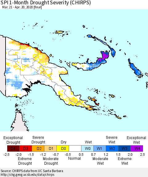 Papua New Guinea SPI 1-Month Drought Severity (CHIRPS) Thematic Map For 3/21/2020 - 4/20/2020