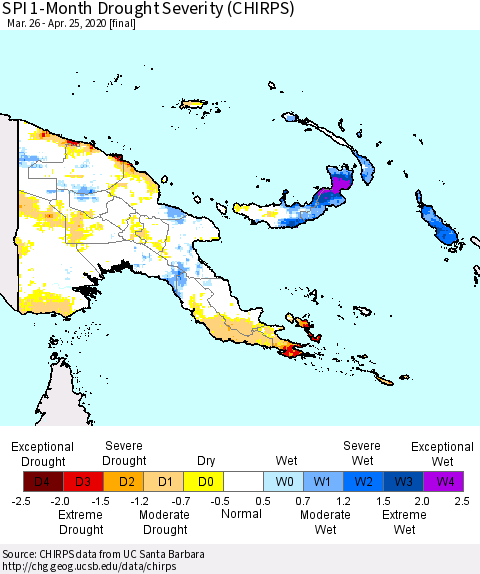 Papua New Guinea SPI 1-Month Drought Severity (CHIRPS) Thematic Map For 3/26/2020 - 4/25/2020