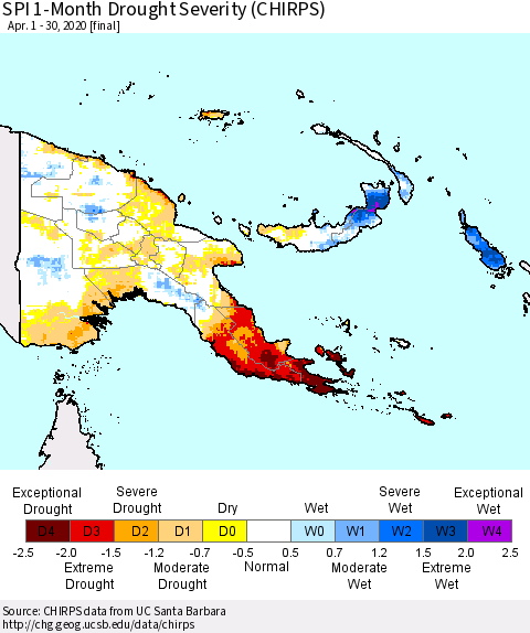 Papua New Guinea SPI 1-Month Drought Severity (CHIRPS) Thematic Map For 4/1/2020 - 4/30/2020