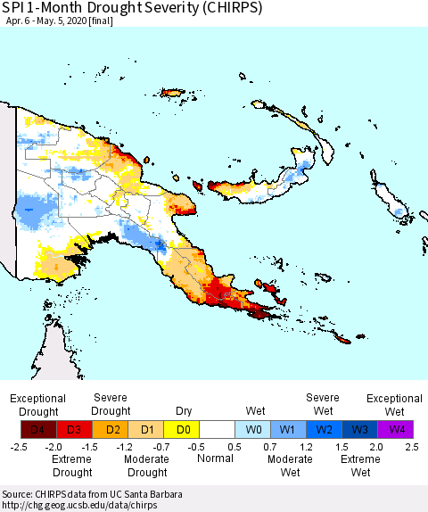 Papua New Guinea SPI 1-Month Drought Severity (CHIRPS) Thematic Map For 4/6/2020 - 5/5/2020