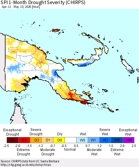 Papua New Guinea SPI 1-Month Drought Severity (CHIRPS) Thematic Map For 4/11/2020 - 5/10/2020