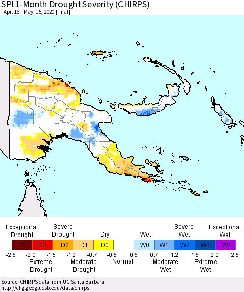 Papua New Guinea SPI 1-Month Drought Severity (CHIRPS) Thematic Map For 4/16/2020 - 5/15/2020