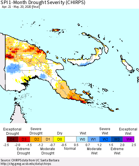 Papua New Guinea SPI 1-Month Drought Severity (CHIRPS) Thematic Map For 4/21/2020 - 5/20/2020