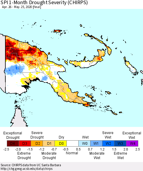 Papua New Guinea SPI 1-Month Drought Severity (CHIRPS) Thematic Map For 4/26/2020 - 5/25/2020