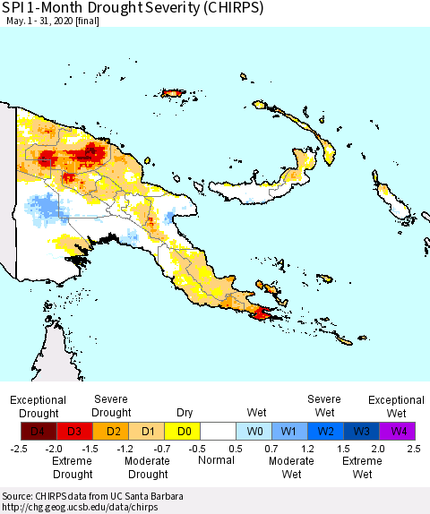 Papua New Guinea SPI 1-Month Drought Severity (CHIRPS) Thematic Map For 5/1/2020 - 5/31/2020