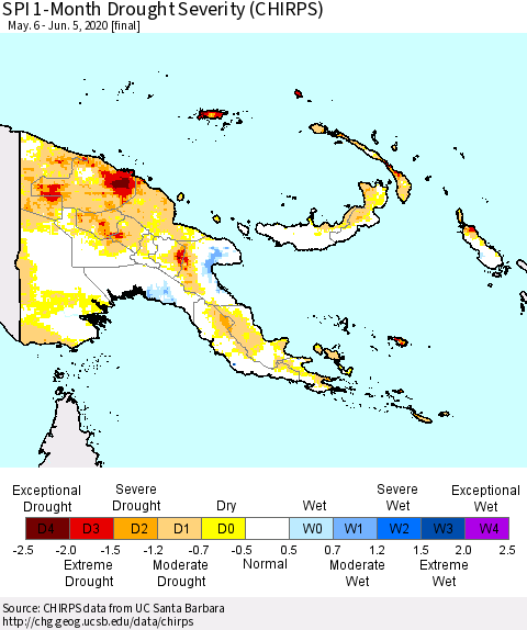 Papua New Guinea SPI 1-Month Drought Severity (CHIRPS) Thematic Map For 5/6/2020 - 6/5/2020