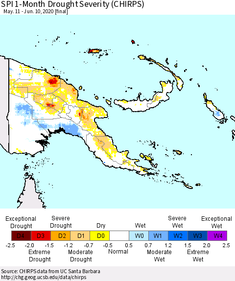 Papua New Guinea SPI 1-Month Drought Severity (CHIRPS) Thematic Map For 5/11/2020 - 6/10/2020