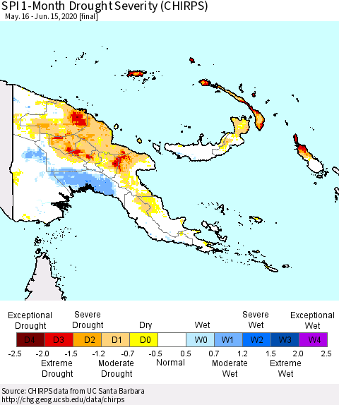 Papua New Guinea SPI 1-Month Drought Severity (CHIRPS) Thematic Map For 5/16/2020 - 6/15/2020