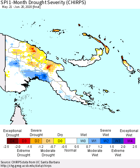 Papua New Guinea SPI 1-Month Drought Severity (CHIRPS) Thematic Map For 5/21/2020 - 6/20/2020
