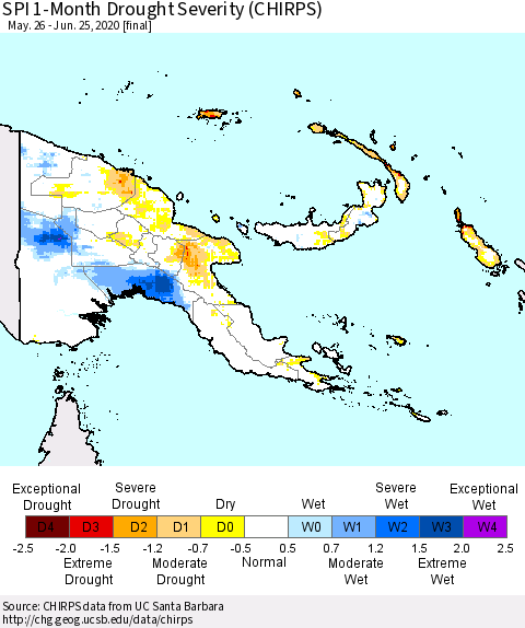 Papua New Guinea SPI 1-Month Drought Severity (CHIRPS) Thematic Map For 5/26/2020 - 6/25/2020