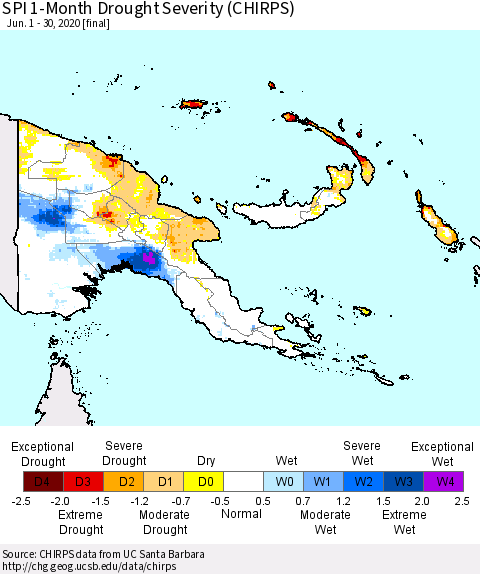 Papua New Guinea SPI 1-Month Drought Severity (CHIRPS) Thematic Map For 6/1/2020 - 6/30/2020