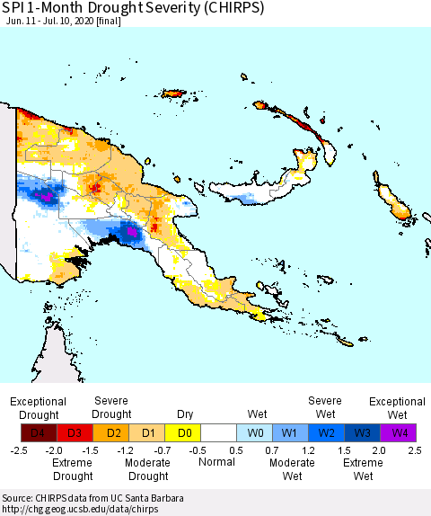 Papua New Guinea SPI 1-Month Drought Severity (CHIRPS) Thematic Map For 6/11/2020 - 7/10/2020