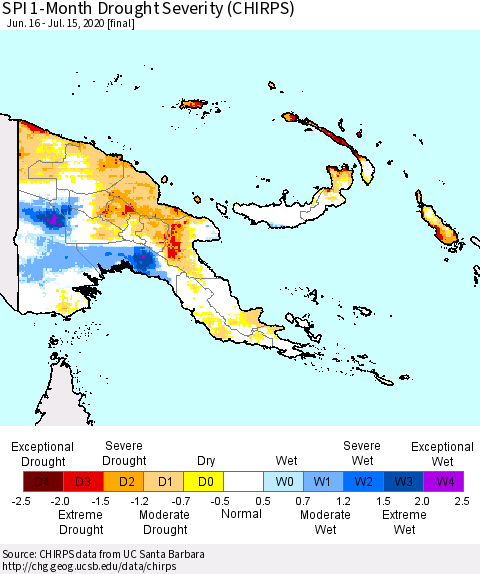 Papua New Guinea SPI 1-Month Drought Severity (CHIRPS) Thematic Map For 6/16/2020 - 7/15/2020