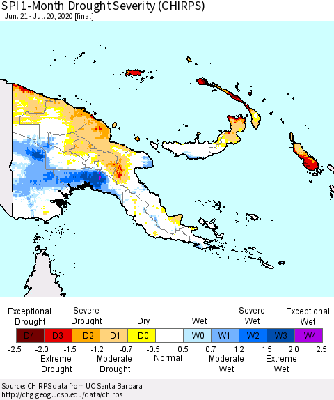 Papua New Guinea SPI 1-Month Drought Severity (CHIRPS) Thematic Map For 6/21/2020 - 7/20/2020