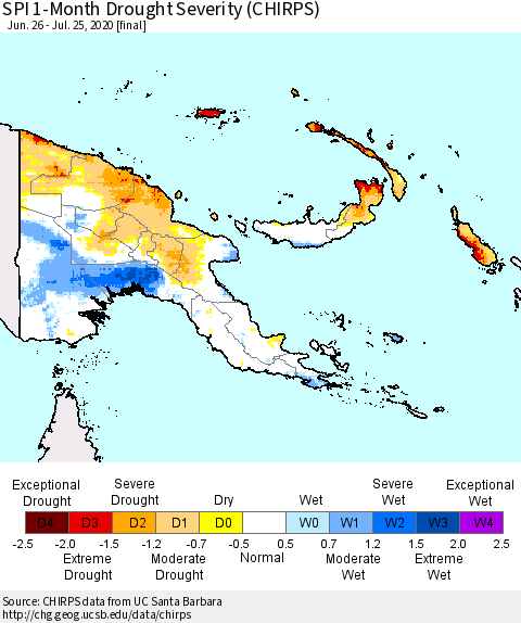 Papua New Guinea SPI 1-Month Drought Severity (CHIRPS) Thematic Map For 6/26/2020 - 7/25/2020