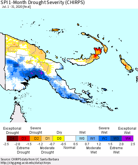 Papua New Guinea SPI 1-Month Drought Severity (CHIRPS) Thematic Map For 7/1/2020 - 7/31/2020