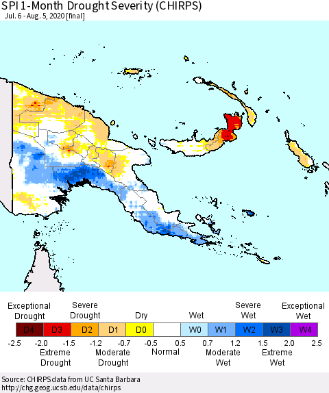 Papua New Guinea SPI 1-Month Drought Severity (CHIRPS) Thematic Map For 7/6/2020 - 8/5/2020