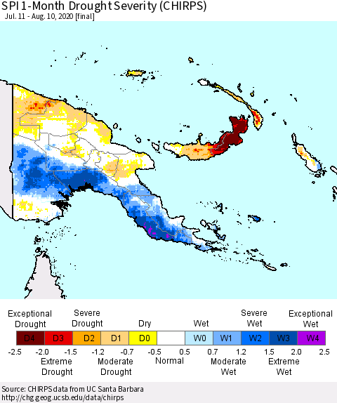 Papua New Guinea SPI 1-Month Drought Severity (CHIRPS) Thematic Map For 7/11/2020 - 8/10/2020