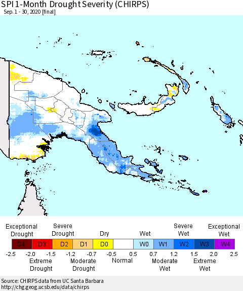 Papua New Guinea SPI 1-Month Drought Severity (CHIRPS) Thematic Map For 9/1/2020 - 9/30/2020