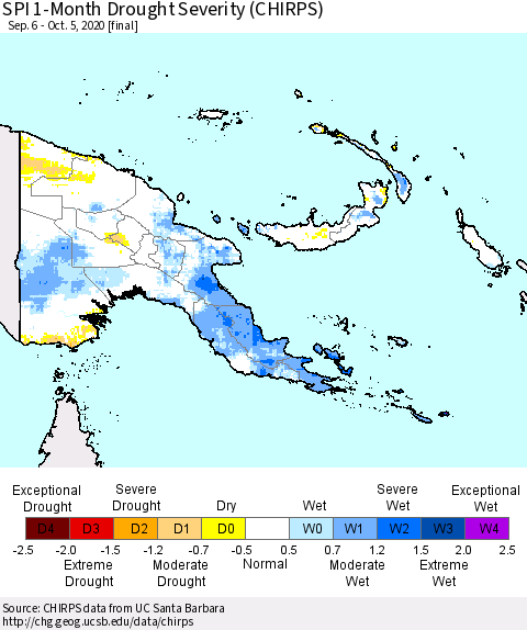 Papua New Guinea SPI 1-Month Drought Severity (CHIRPS) Thematic Map For 9/6/2020 - 10/5/2020