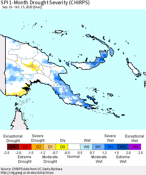 Papua New Guinea SPI 1-Month Drought Severity (CHIRPS) Thematic Map For 9/16/2020 - 10/15/2020