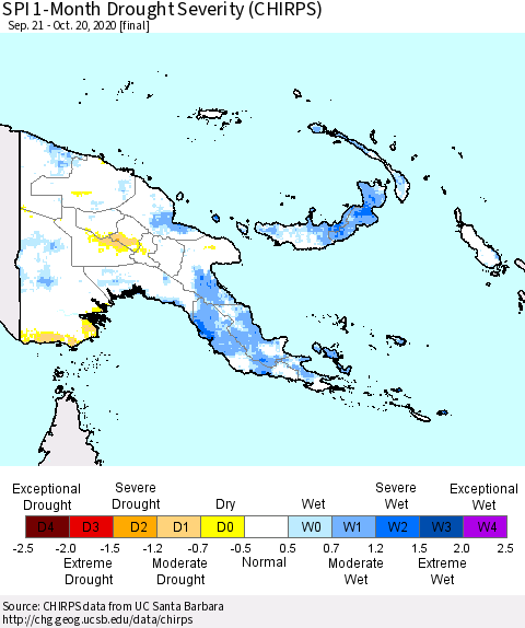 Papua New Guinea SPI 1-Month Drought Severity (CHIRPS) Thematic Map For 9/21/2020 - 10/20/2020