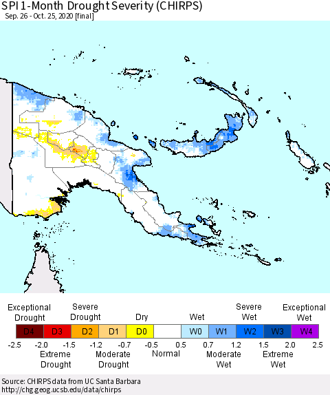 Papua New Guinea SPI 1-Month Drought Severity (CHIRPS) Thematic Map For 9/26/2020 - 10/25/2020