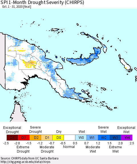 Papua New Guinea SPI 1-Month Drought Severity (CHIRPS) Thematic Map For 10/1/2020 - 10/31/2020