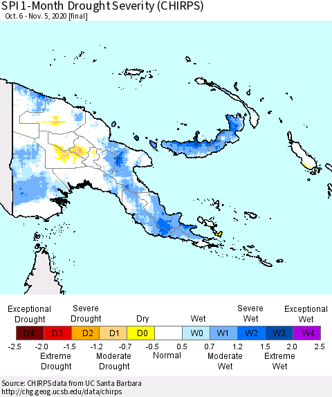 Papua New Guinea SPI 1-Month Drought Severity (CHIRPS) Thematic Map For 10/6/2020 - 11/5/2020