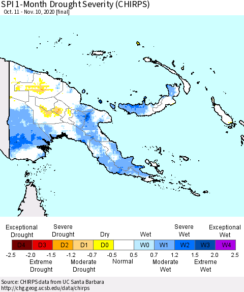Papua New Guinea SPI 1-Month Drought Severity (CHIRPS) Thematic Map For 10/11/2020 - 11/10/2020