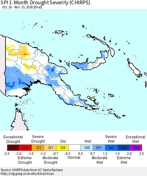 Papua New Guinea SPI 1-Month Drought Severity (CHIRPS) Thematic Map For 10/16/2020 - 11/15/2020