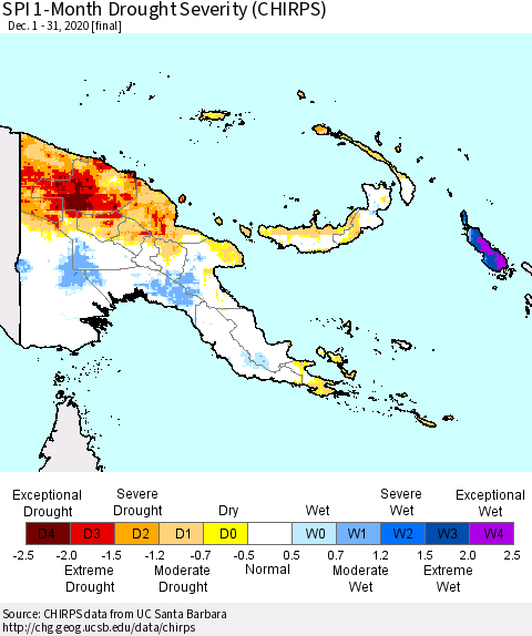 Papua New Guinea SPI 1-Month Drought Severity (CHIRPS) Thematic Map For 12/1/2020 - 12/31/2020