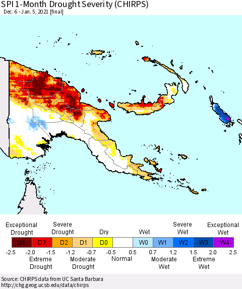 Papua New Guinea SPI 1-Month Drought Severity (CHIRPS) Thematic Map For 12/6/2020 - 1/5/2021