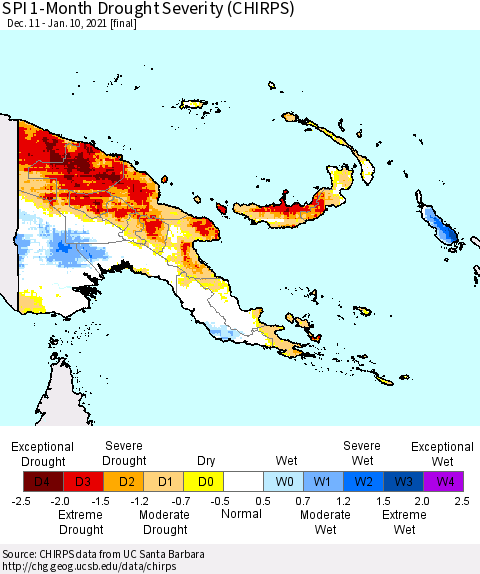 Papua New Guinea SPI 1-Month Drought Severity (CHIRPS) Thematic Map For 12/11/2020 - 1/10/2021