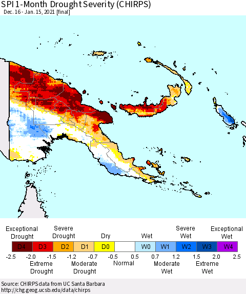 Papua New Guinea SPI 1-Month Drought Severity (CHIRPS) Thematic Map For 12/16/2020 - 1/15/2021